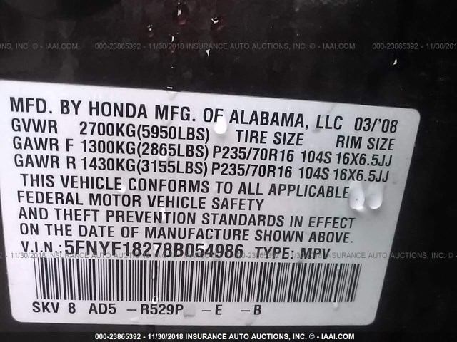 5FNYF18278B054986 - 2008 HONDA PILOT VP MAROON photo 9