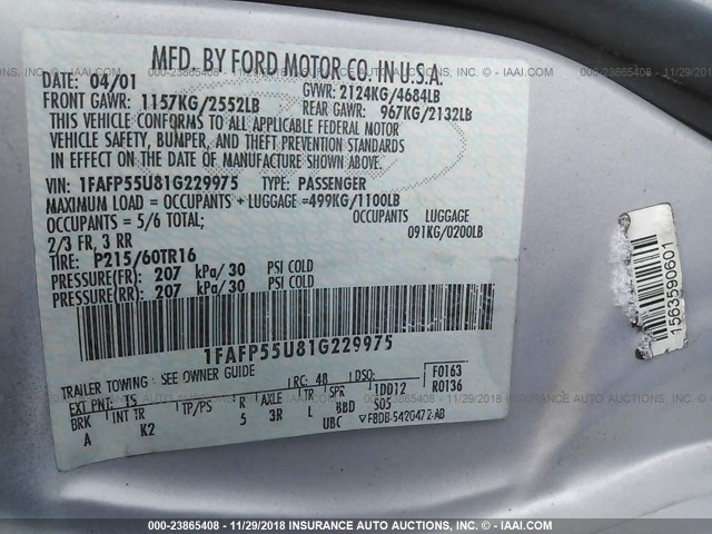 1FAFP55U81G229975 - 2001 FORD TAURUS SES SILVER photo 9