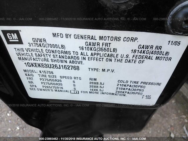 1GKEK63U26J162768 - 2006 GMC YUKON DENALI BLACK photo 9