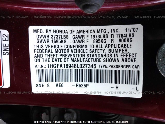 1HGFA16948L027345 - 2008 HONDA CIVIC EXL RED photo 9