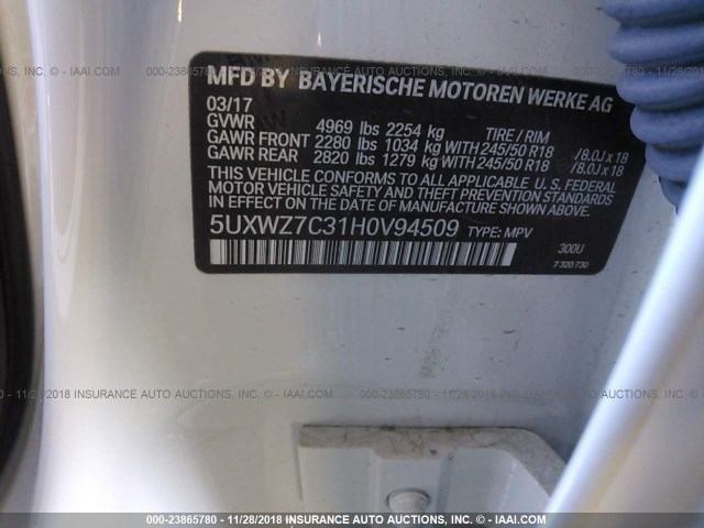 5UXWZ7C31H0V94509 - 2017 BMW X3 SDRIVE28I WHITE photo 9