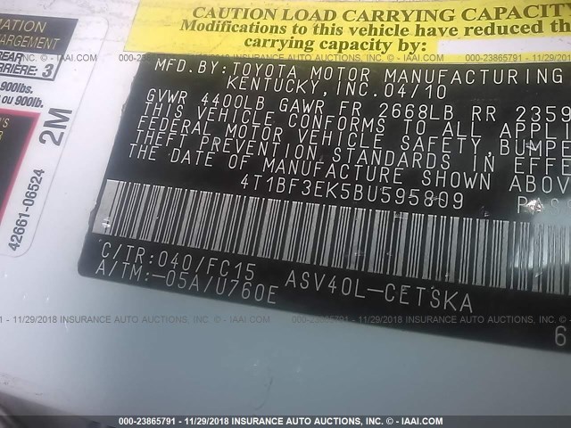 4T1BF3EK5BU595809 - 2011 TOYOTA CAMRY SE/LE/XLE 白色 照片 9