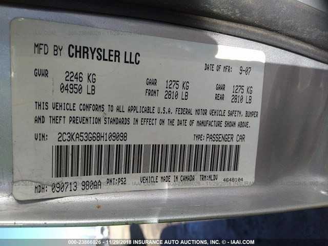 2C3KA53G68H109098 - 2008 CHRYSLER 300 TOURING SILVER photo 9