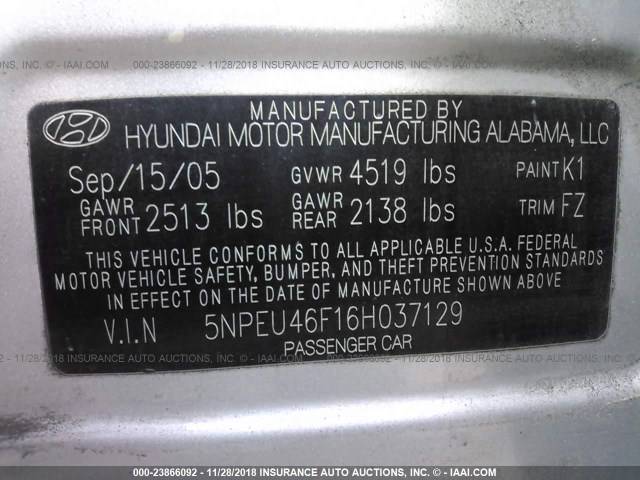 5NPEU46F16H037129 - 2006 HYUNDAI SONATA GLS/LX SILVER photo 9