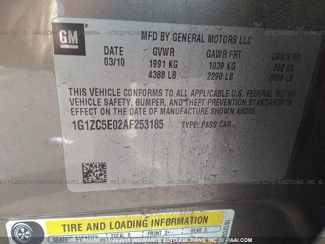 1G1ZC5E02AF253185 - 2010 CHEVROLET MALIBU 1LT GRAY photo 9