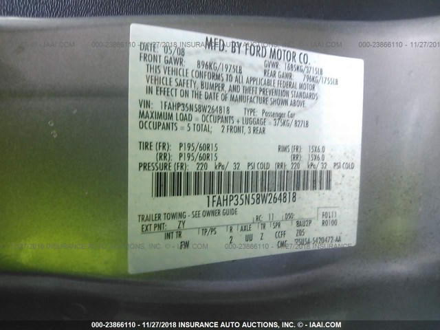 1FAHP35N58W264818 - 2008 FORD FOCUS SE/SEL/SES GRAY photo 9