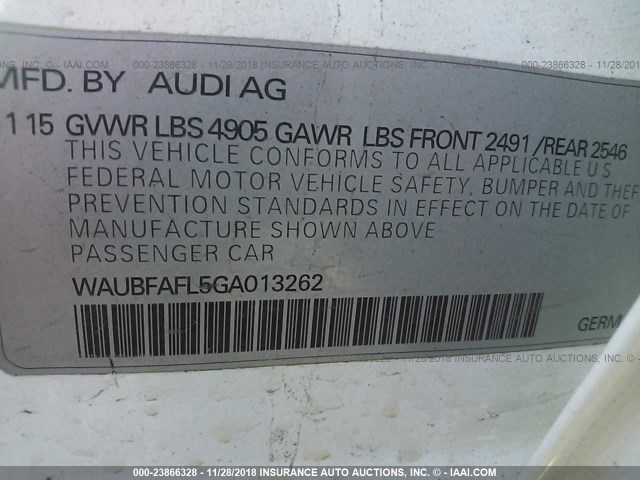 WAUBFAFL5GA013262 - 2016 AUDI A4 PREMIUM/S-LINE WHITE photo 9