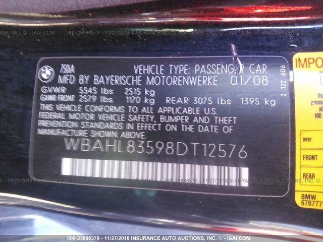 WBAHL83598DT12576 - 2008 BMW 750 I BLACK photo 9