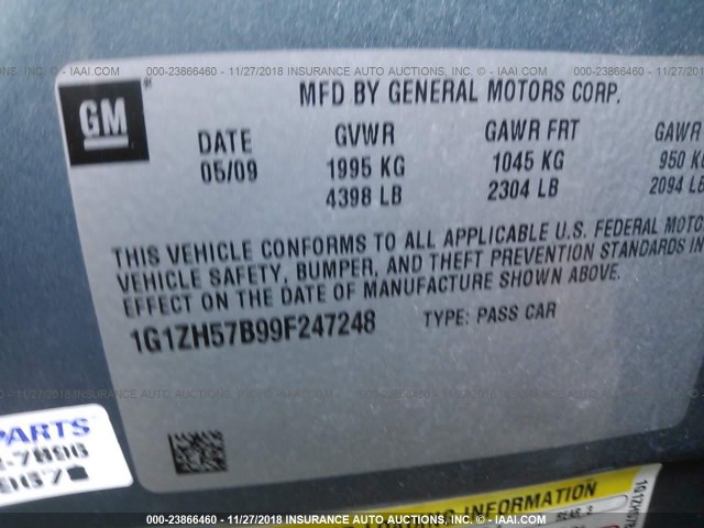 1G1ZH57B99F247248 - 2009 CHEVROLET MALIBU 1LT GREEN photo 9