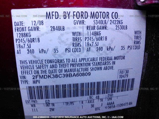 2FMDK38C39BA60809 - 2009 FORD EDGE SEL RED photo 9