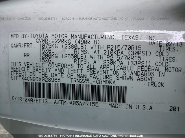 5TFTX4CN9DX028965 - 2013 TOYOTA TACOMA ACCESS CAB თეთრი ფოტო 9