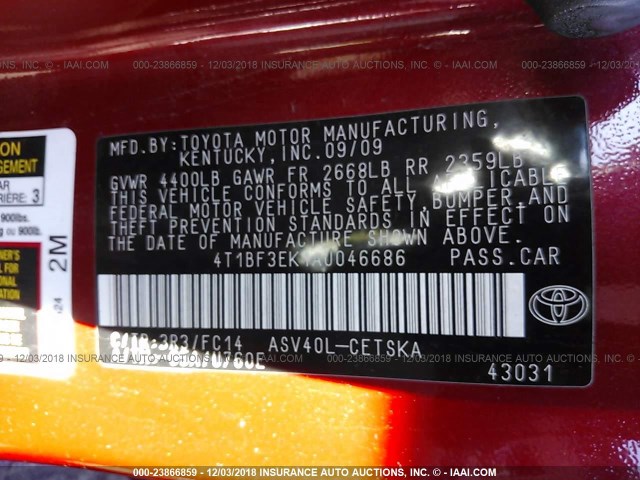 4T1BF3EK1AU046686 - 2010 TOYOTA CAMRY SE/LE/XLE 红色 照片 9