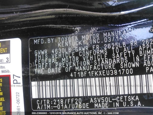 4T1BF1FKXEU381700 - 2014 TOYOTA CAMRY L/SE/LE/XLE 黑色 照片 9