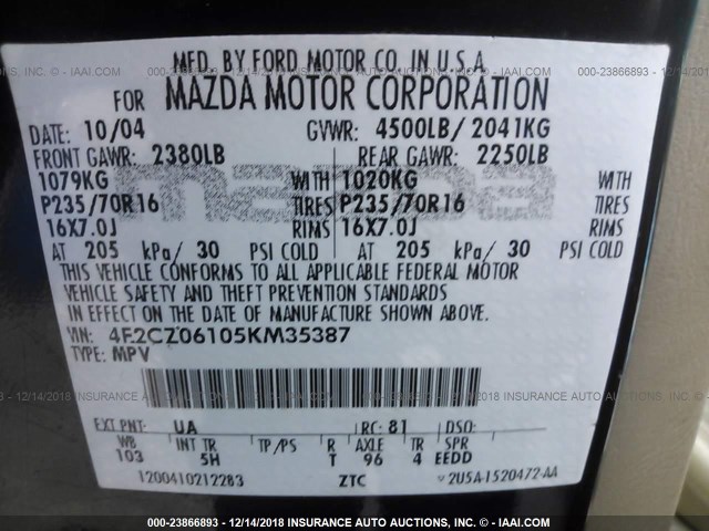 4F2CZ06105KM35387 - 2005 MAZDA TRIBUTE S BLACK photo 9