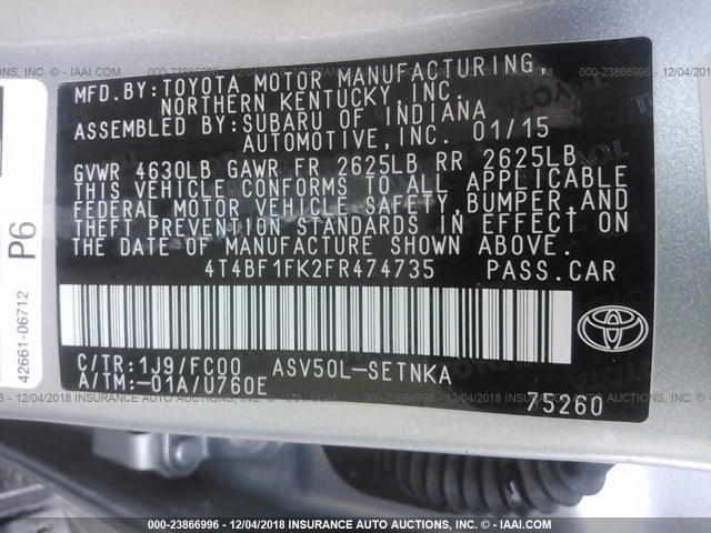 4T4BF1FK2FR474735 - 2015 TOYOTA CAMRY LE/XLE/SE/XSE SILVER photo 9