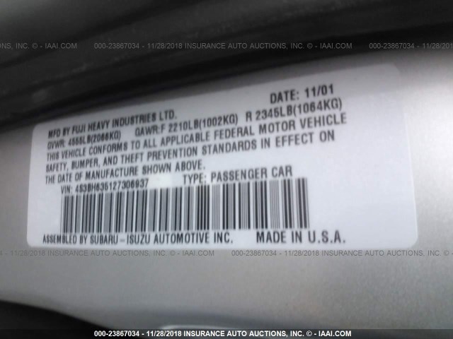 4S3BH635127306937 - 2002 SUBARU LEGACY L SILVER photo 9