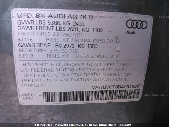 WA1LFAFP8DA094998 - 2013 AUDI Q5 PREMIUM PLUS GRAY photo 9