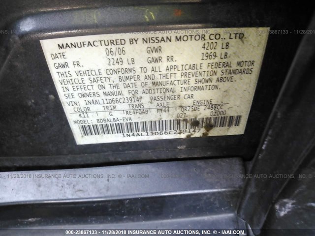 1N4AL11D66C239147 - 2006 NISSAN ALTIMA S/SL GRAY photo 9