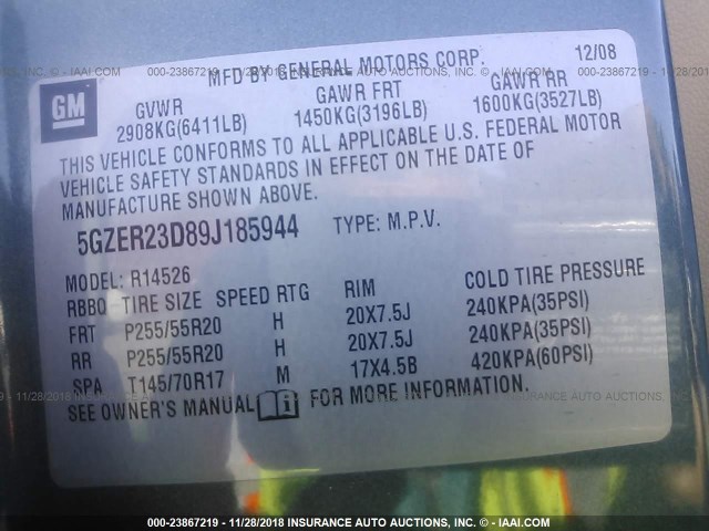 5GZER23D89J185944 - 2009 SATURN OUTLOOK XR 浅蓝色 照片 9