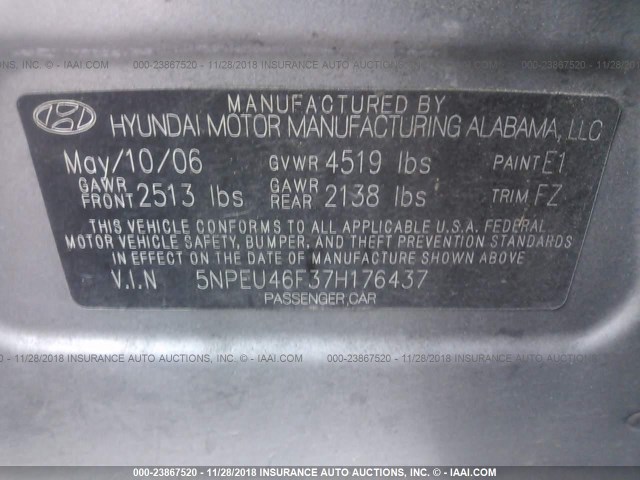 5NPEU46F37H176437 - 2007 HYUNDAI SONATA SE/LIMITED GRAY photo 9