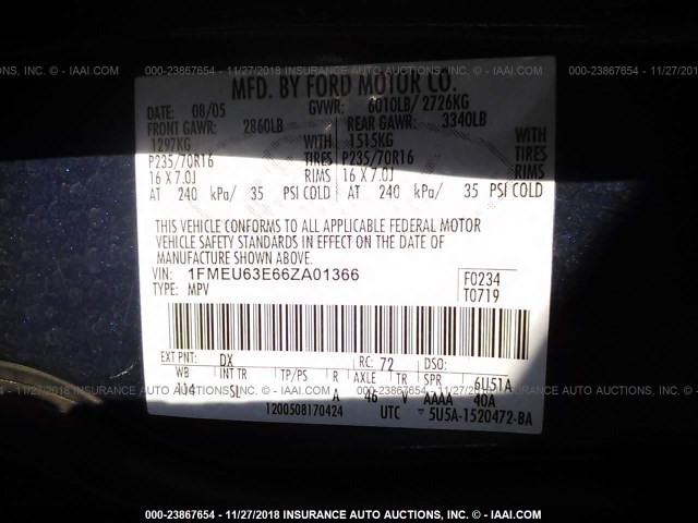 1FMEU63E66ZA01366 - 2006 FORD EXPLORER XLT BLUE photo 9