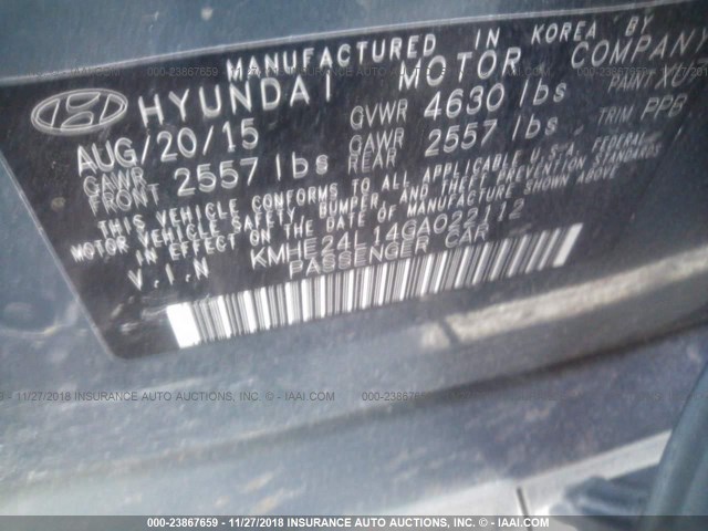 KMHE24L14GA022112 - 2016 HYUNDAI SONATA HYBRID/SE BLUE photo 9