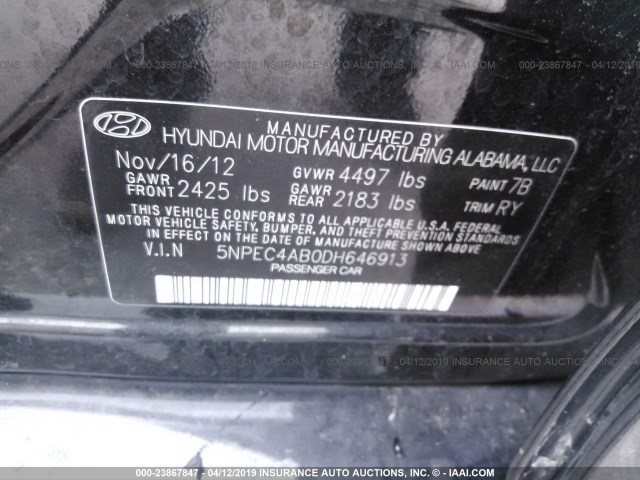 5NPEC4AB0DH646913 - 2013 HYUNDAI SONATA SE/LIMITED BLACK photo 9