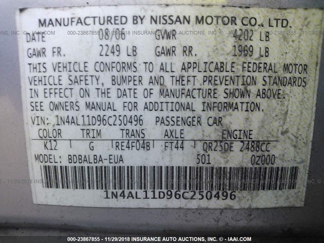 1N4AL11D96C250496 - 2006 NISSAN ALTIMA S/SL SILVER photo 9