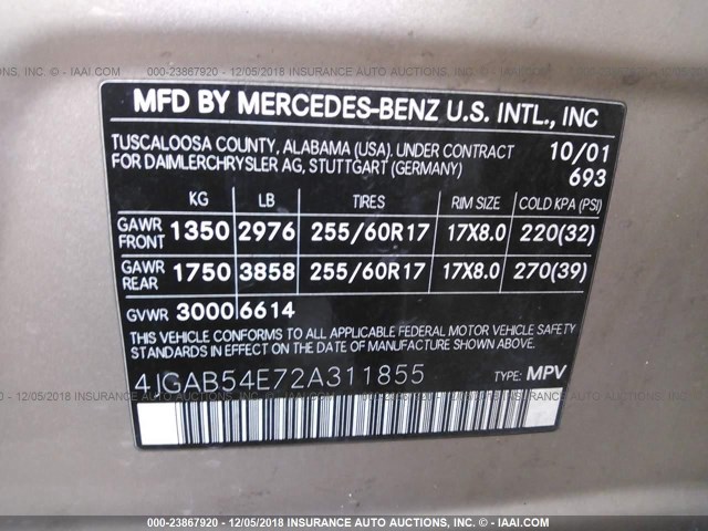 4JGAB54E72A311855 - 2002 MERCEDES-BENZ ML 320 GOLD photo 9