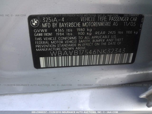 WBAVB17546NK32343 - 2006 BMW 325 I AUTOMATIC SILVER photo 9