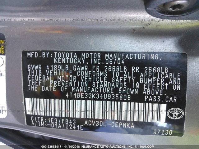 4T1BE32K34U935808 - 2004 TOYOTA CAMRY LE/XLE/SE GRAY photo 9