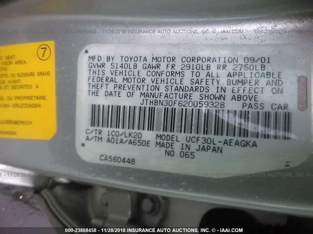 JTHBN30F620059328 - 2002 LEXUS LS 430 GRAY photo 9