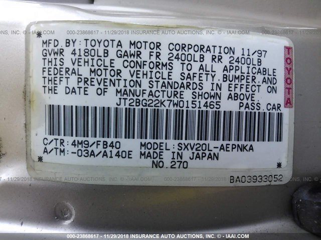 JT2BG22K7W0151465 - 1998 TOYOTA CAMRY CE/LE/XLE 金色 照片 9