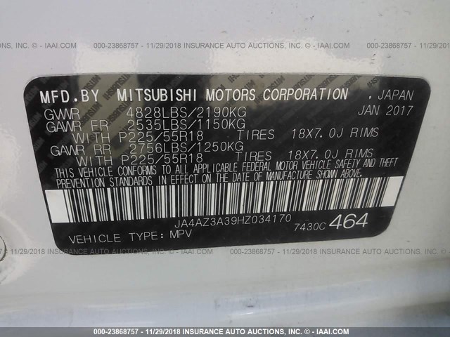 JA4AZ3A39HZ034170 - 2017 MITSUBISHI OUTLANDER SE/SEL WHITE photo 9