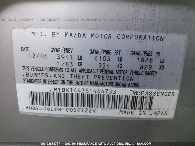 JM1BK144361464733 - 2006 MAZDA 3 HATCHBACK SILVER photo 9