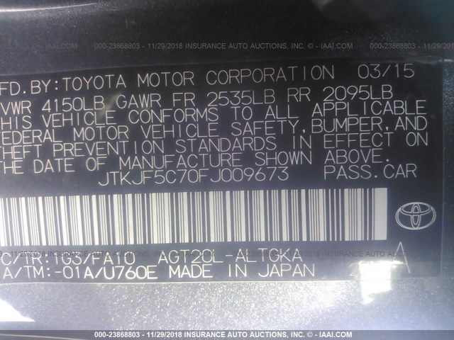 JTKJF5C70FJ009673 - 2015 TOYOTA SCION TC 灰色 照片 9