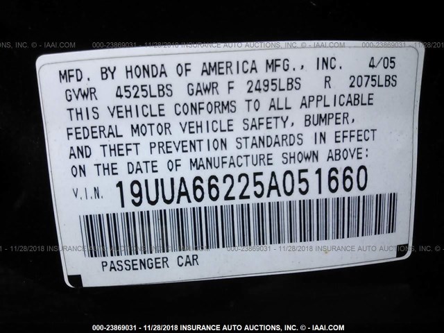 19UUA66225A051660 - 2005 ACURA TL BLACK photo 9