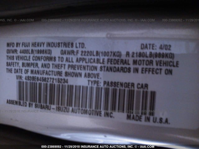 4S3BE645627215234 - 2002 SUBARU LEGACY GT SILVER photo 9