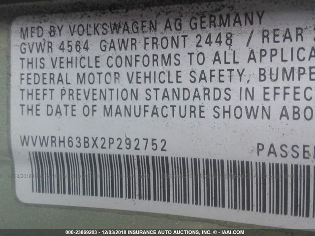 WVWRH63BX2P292752 - 2002 VOLKSWAGEN PASSAT GLX 青色 照片 9