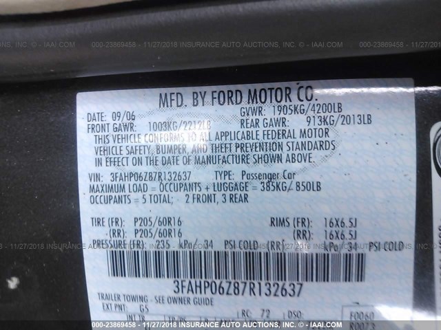 3FAHP06Z87R132637 - 2007 FORD FUSION S GRAY photo 9