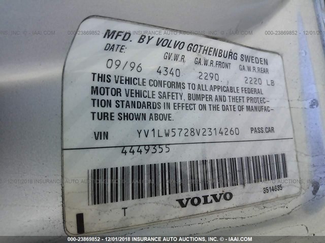 YV1LW5728V2314260 - 1997 VOLVO 850 T5 SILVER photo 9