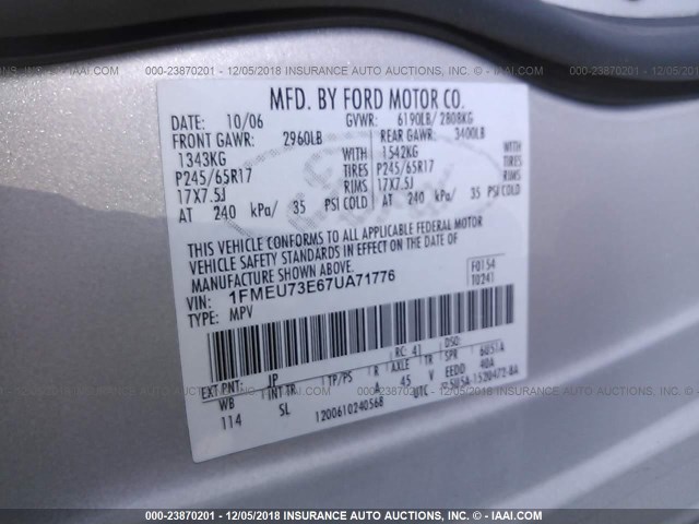 1FMEU73E67UA71776 - 2007 FORD EXPLORER XLT SILVER photo 9