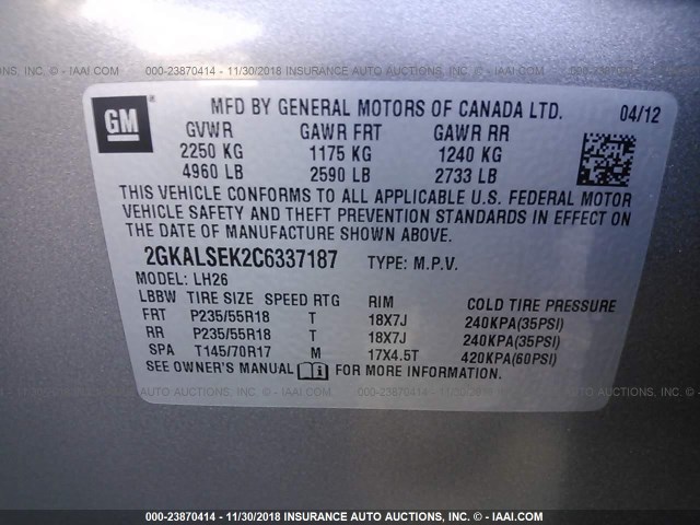 2GKALSEK2C6337187 - 2012 GMC TERRAIN SLE GRAY photo 9