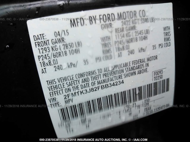 2FMTK3J82FBB34234 - 2015 FORD EDGE SEL BLACK photo 9