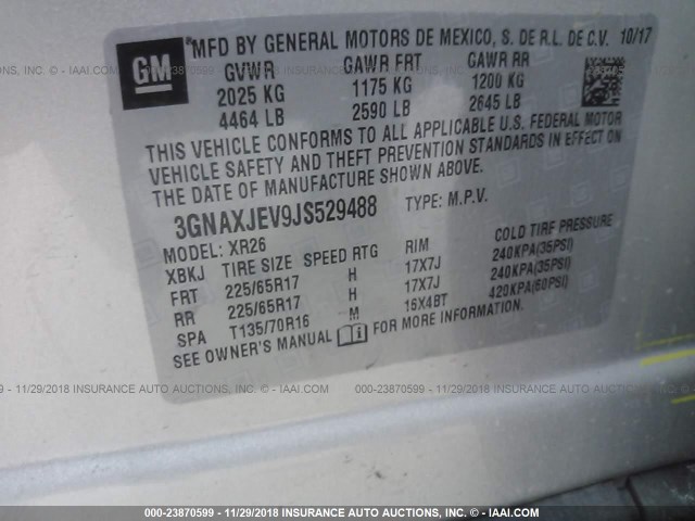 3GNAXJEV9JS529488 - 2018 CHEVROLET EQUINOX LT SILVER photo 9