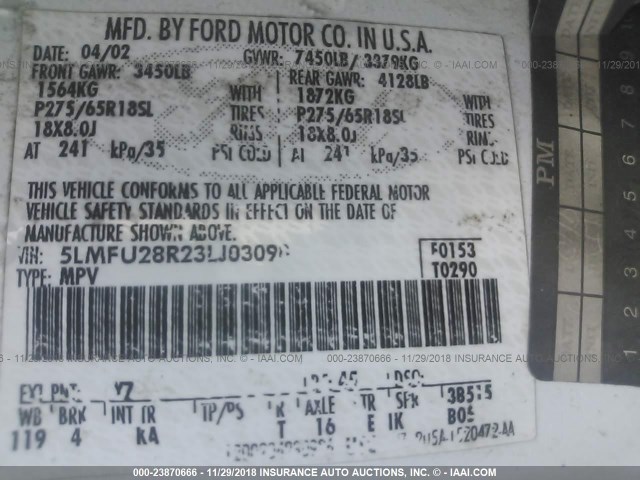 5LMFU28R23LJ03090 - 2003 LINCOLN NAVIGATOR 白色 照片 9