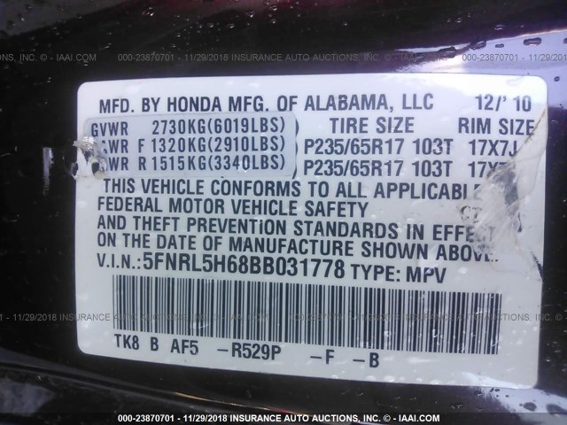 5FNRL5H68BB031778 - 2011 HONDA ODYSSEY EXL BURGUNDY photo 9