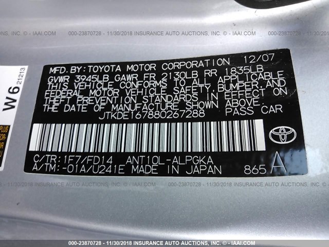 JTKDE167880267288 - 2008 TOYOTA SCION TC 银色 照片 9