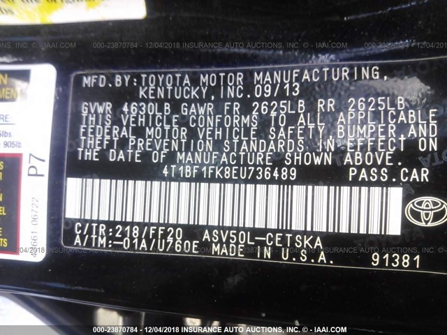 4T1BF1FK8EU736489 - 2014 TOYOTA CAMRY L/SE/LE/XLE 黑色 照片 9