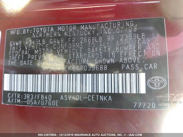 4T4BF3EK6AR039688 - 2010 TOYOTA CAMRY SE/LE/XLE RED photo 9